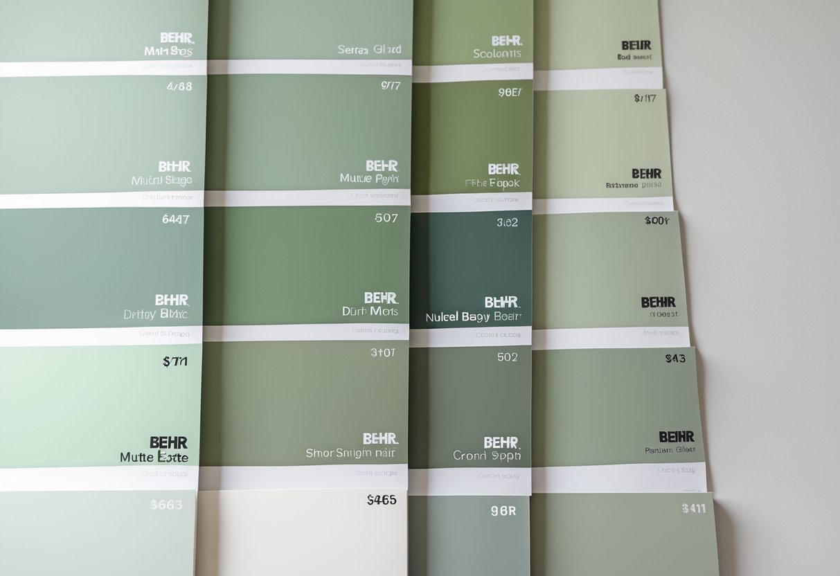 Several paint swatches in different shades of muted green arranged side by side on a neutral background.